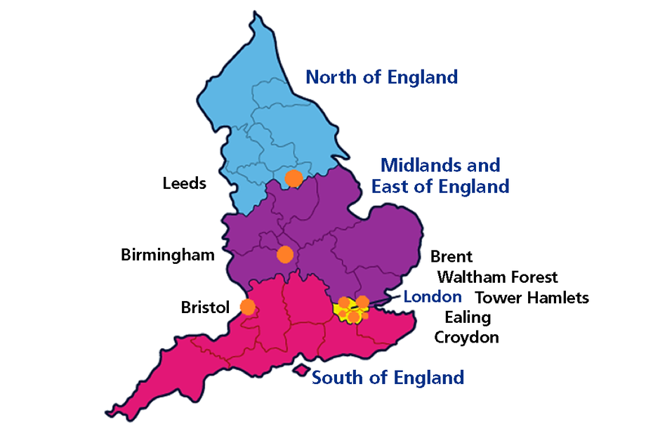 O hartă care arată locația Clinicilor Naționale de Suport pentru MGF din Anglia